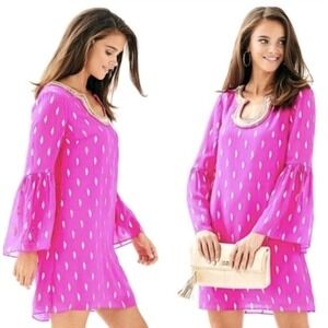Lilly Pulitzer Amory Silk Mini Dress Hot Pink Fuschia Bell Sleeves 6 Retail $298